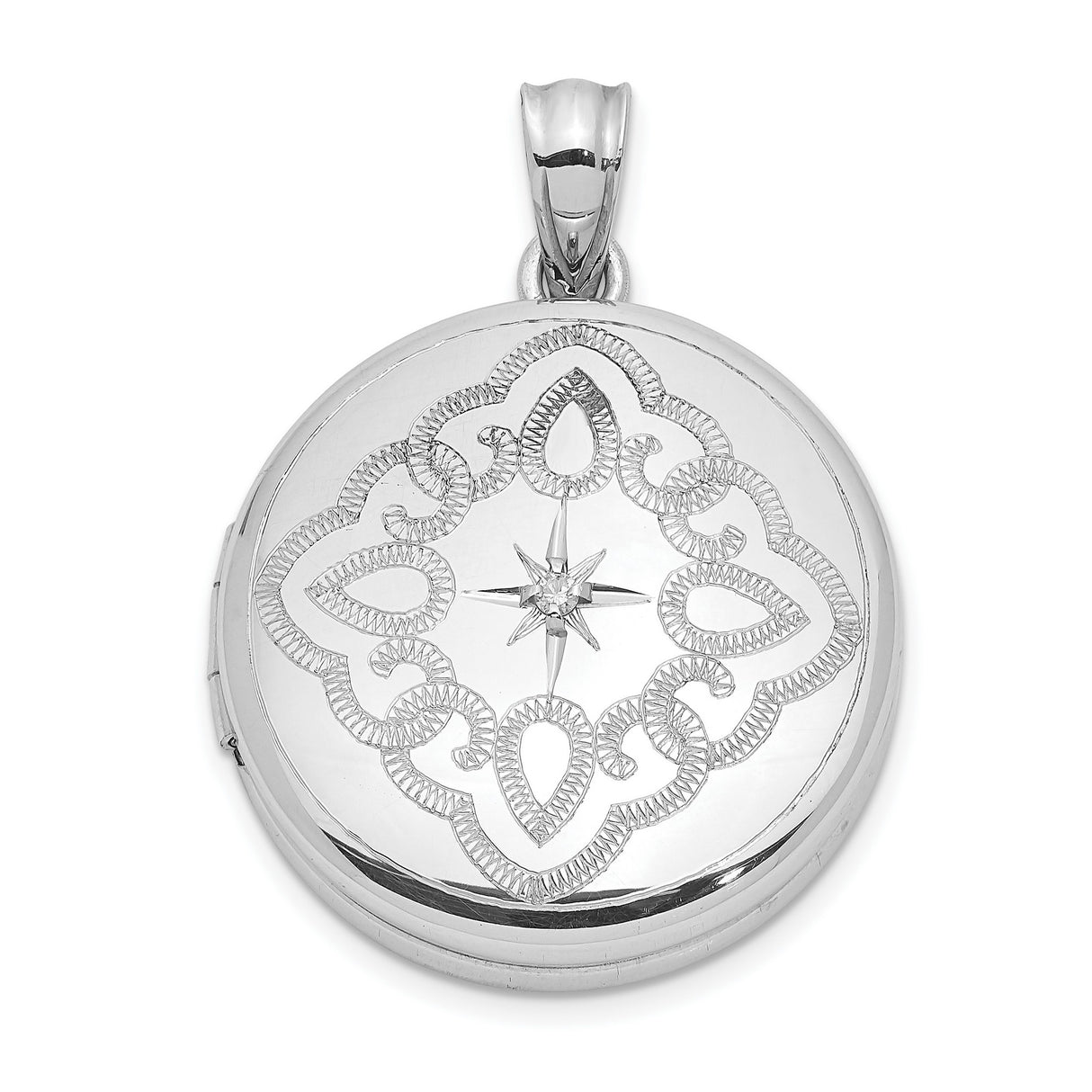 Sterling Silver Round Locket Pendant with Heart and Teardrop Motif, Starburst Engraving