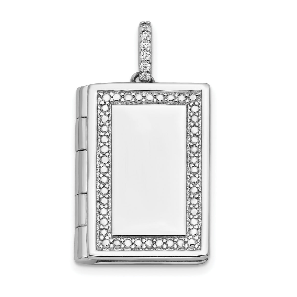 Sterling Silver Rectangular Locket Pendant with Cubic Zirconia and Beaded Border