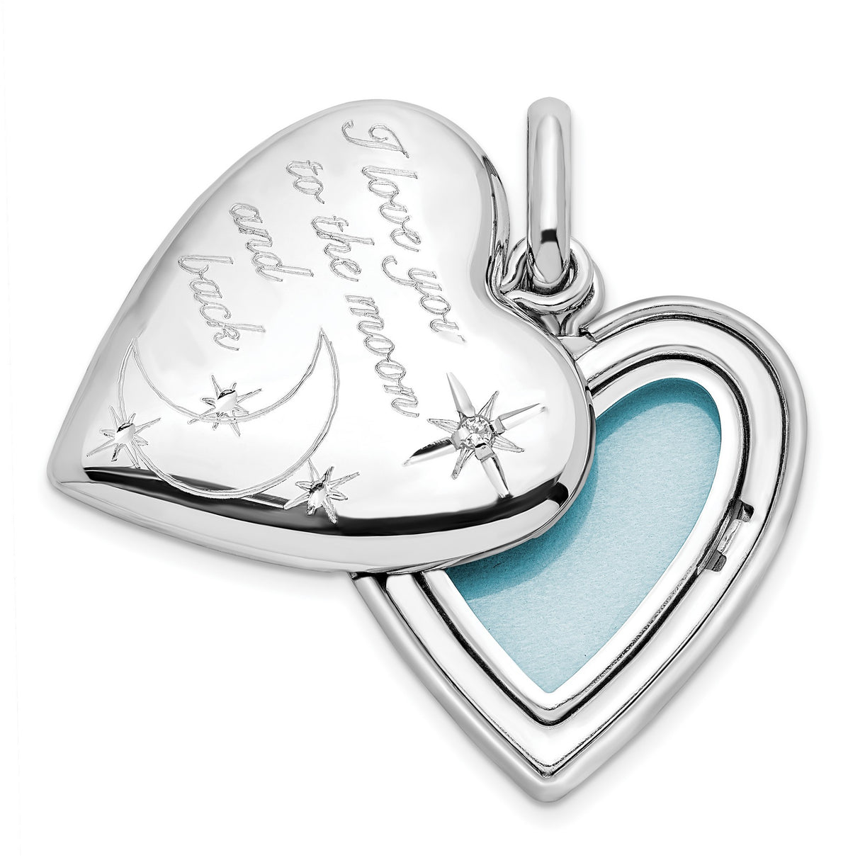 Sterling Silver Heart Pendant with Diamond, Moon and Star Design, Romantic Jewelry for Women