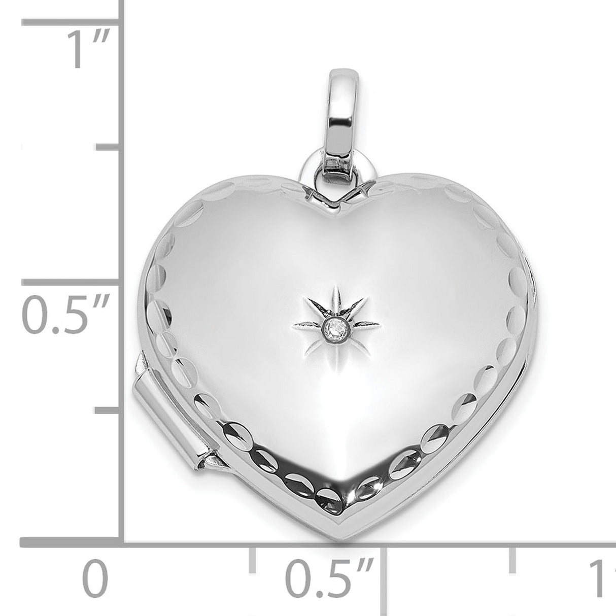 Sterling Silver Heart Locket Pendant with Diamond, Starburst Engraving, Photo Holder