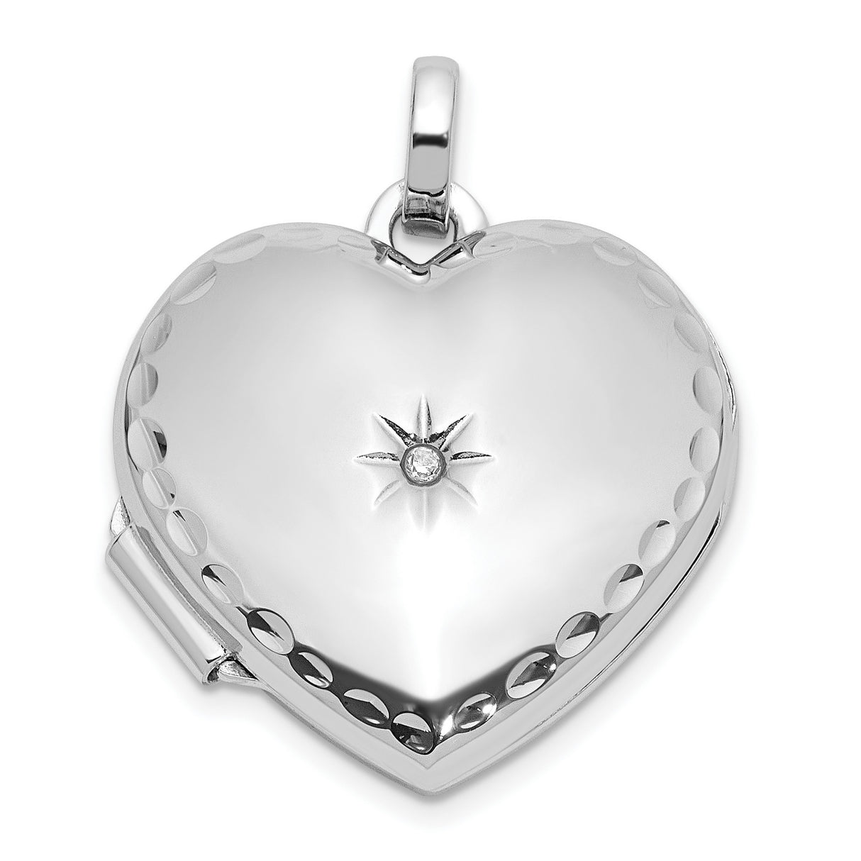 Sterling Silver Heart Locket Pendant with Diamond, Starburst Engraving, Photo Holder
