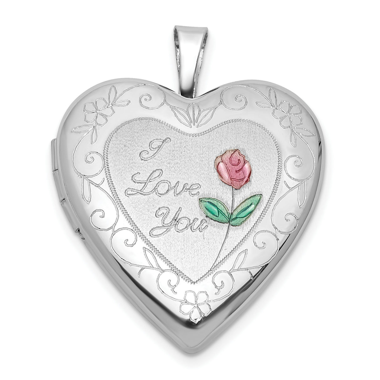 Sterling Silver Heart Locket Pendant with Floral Design and Pink Rose Detail