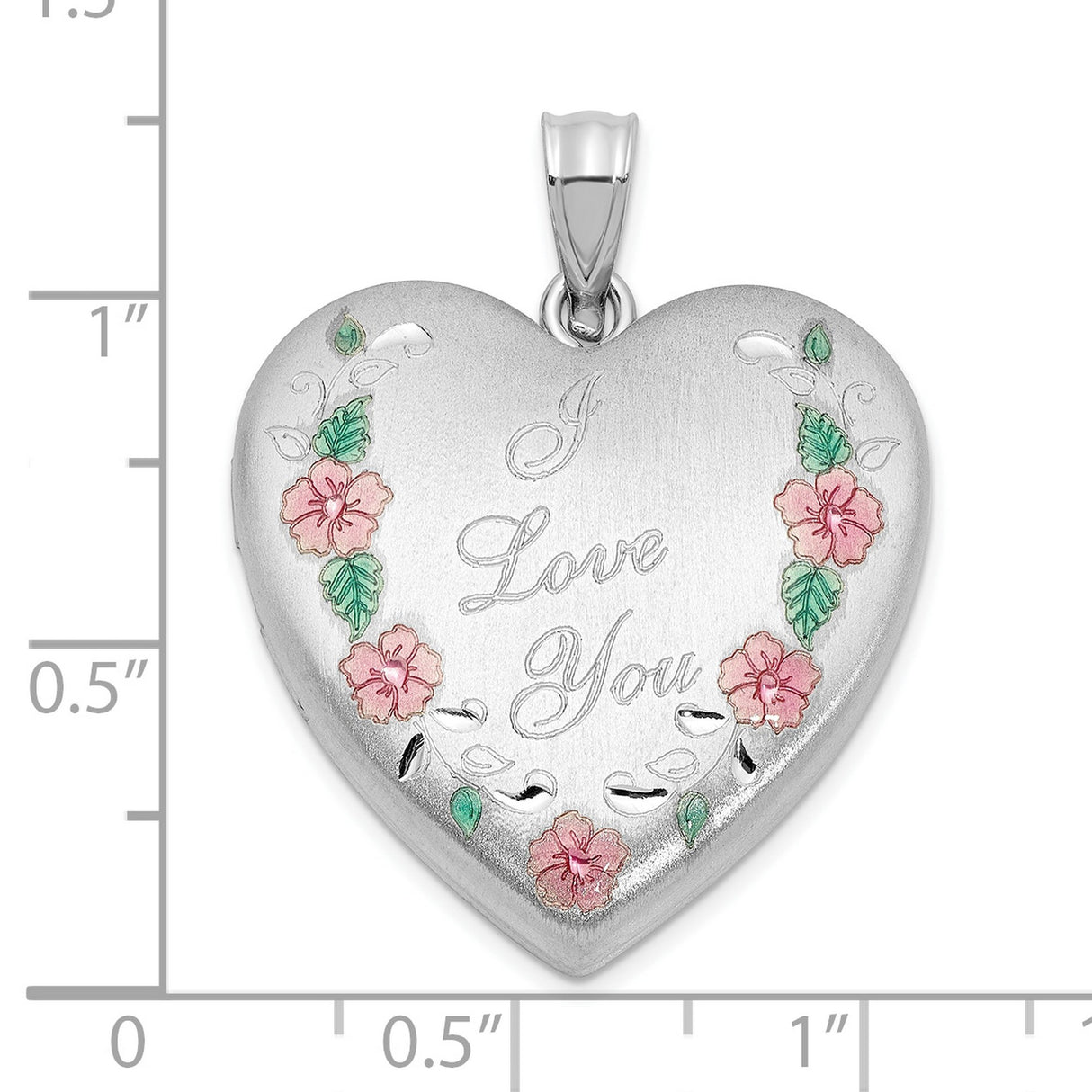 Sterling Silver Heart Locket Pendant with I Love You Engraving and Pink Floral Detail