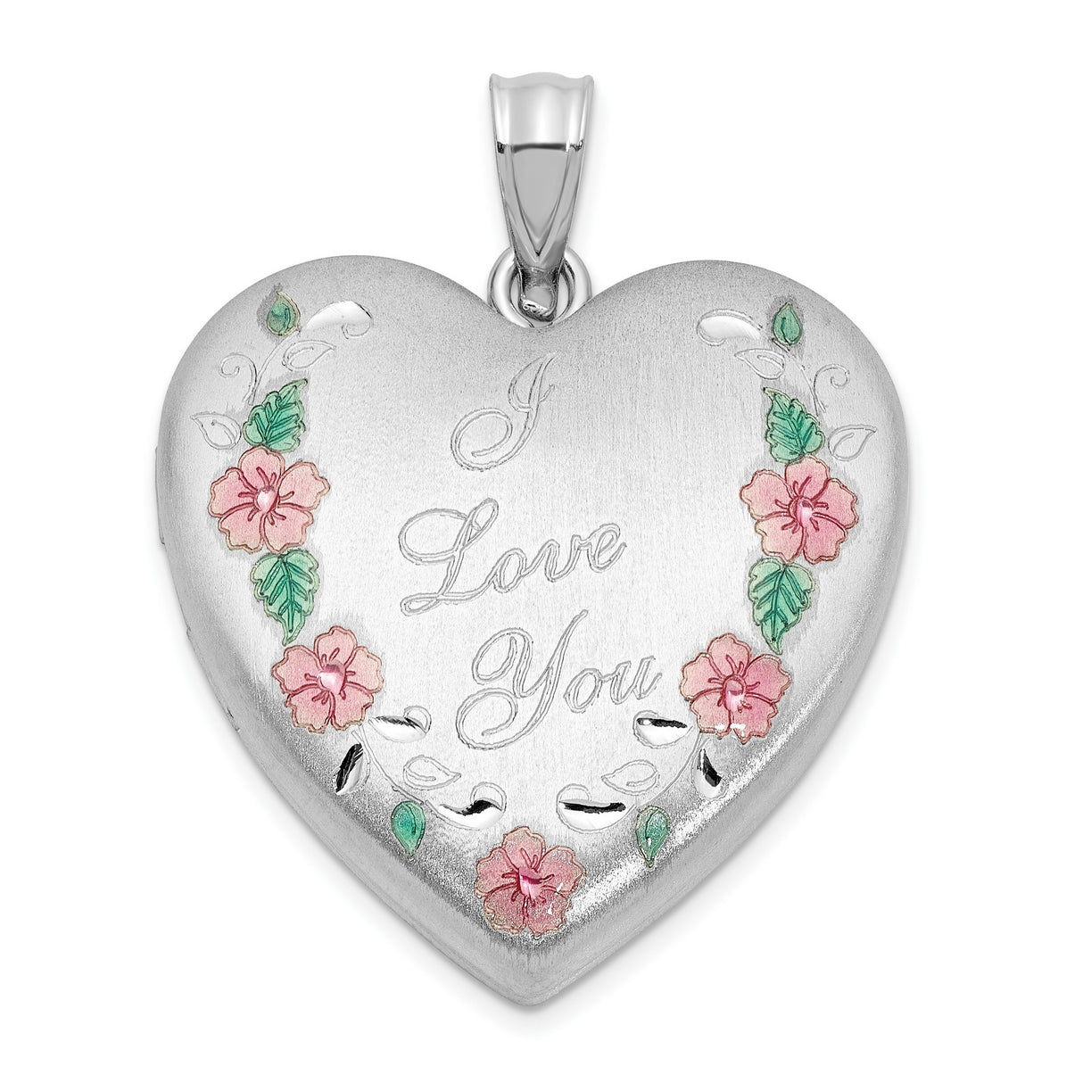 Sterling Silver Heart Locket Pendant with I Love You Engraving and Pink Floral Detail