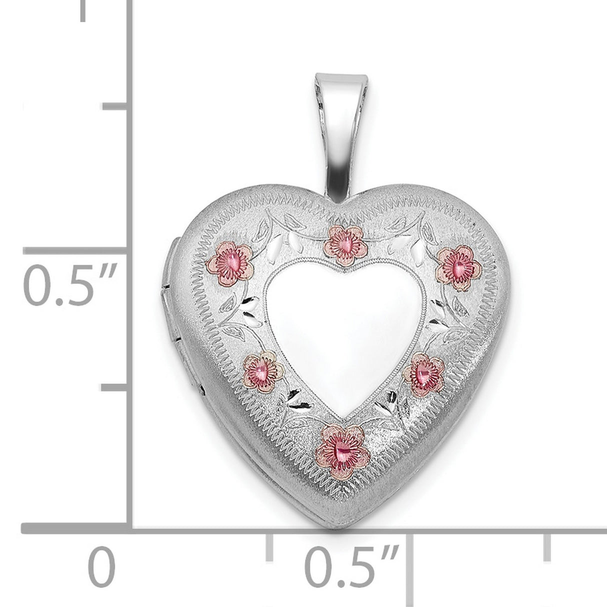Sterling Silver Heart Locket with Pink Floral Accents and Etched Border