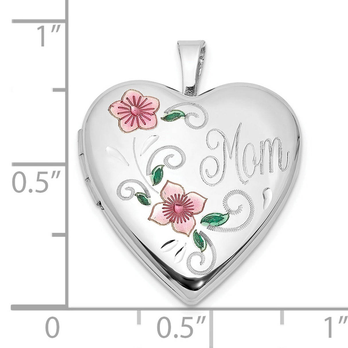 Sterling Silver Heart Locket Pendant with Pink Enamel Flowers and Green Leaves, Mom Keepsake Jewelry