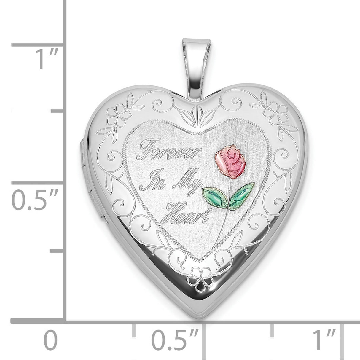Sterling Silver Heart Locket Pendant with Floral Design, Pink Rose, Forever in My Heart Memorial