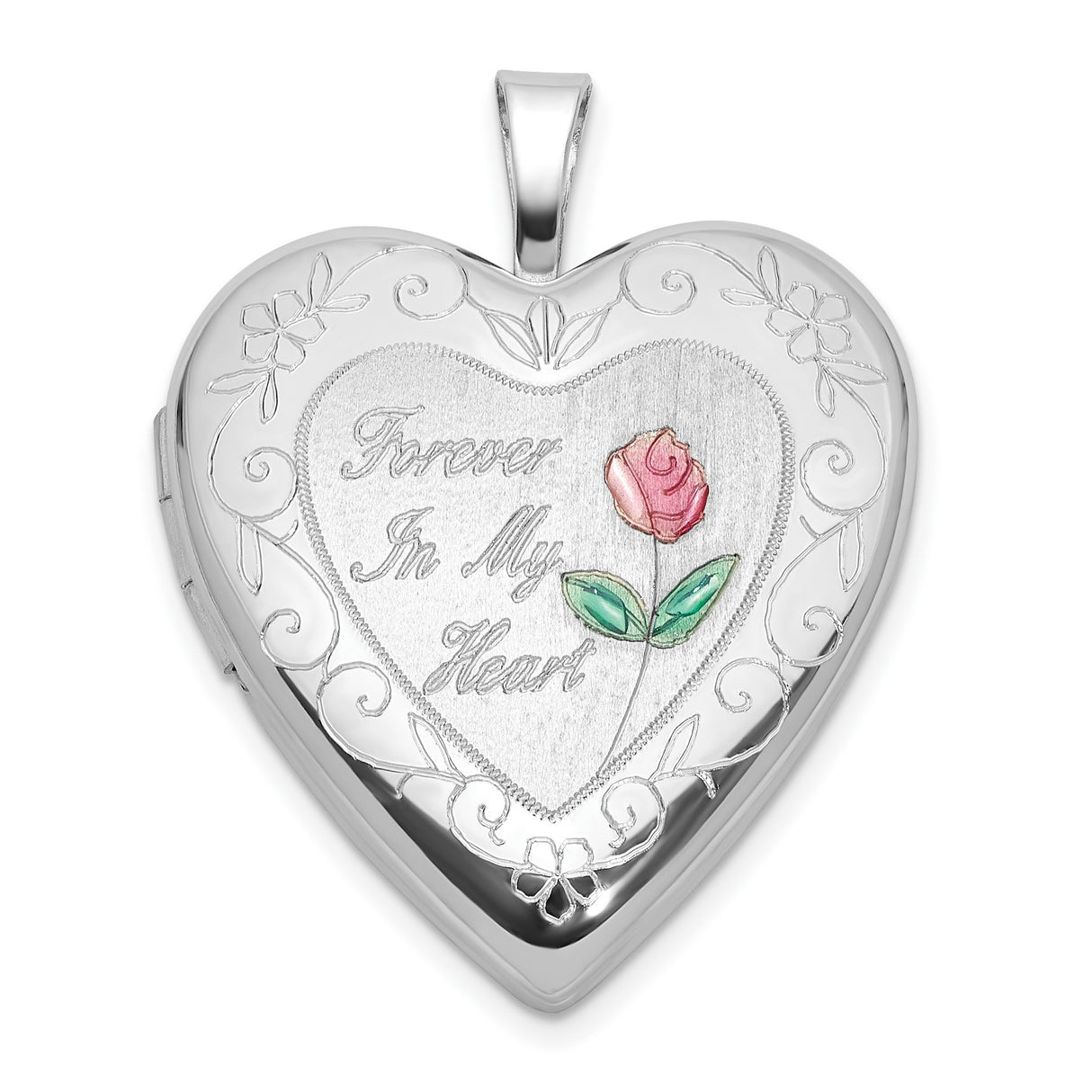 Sterling Silver Heart Locket Pendant with Floral Design, Pink Rose, Forever in My Heart Memorial