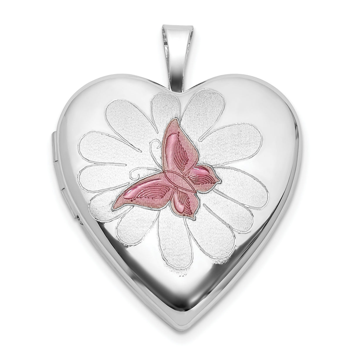 Sterling Silver Heart Locket Pendant with Pink Butterfly and Flower Design for Women