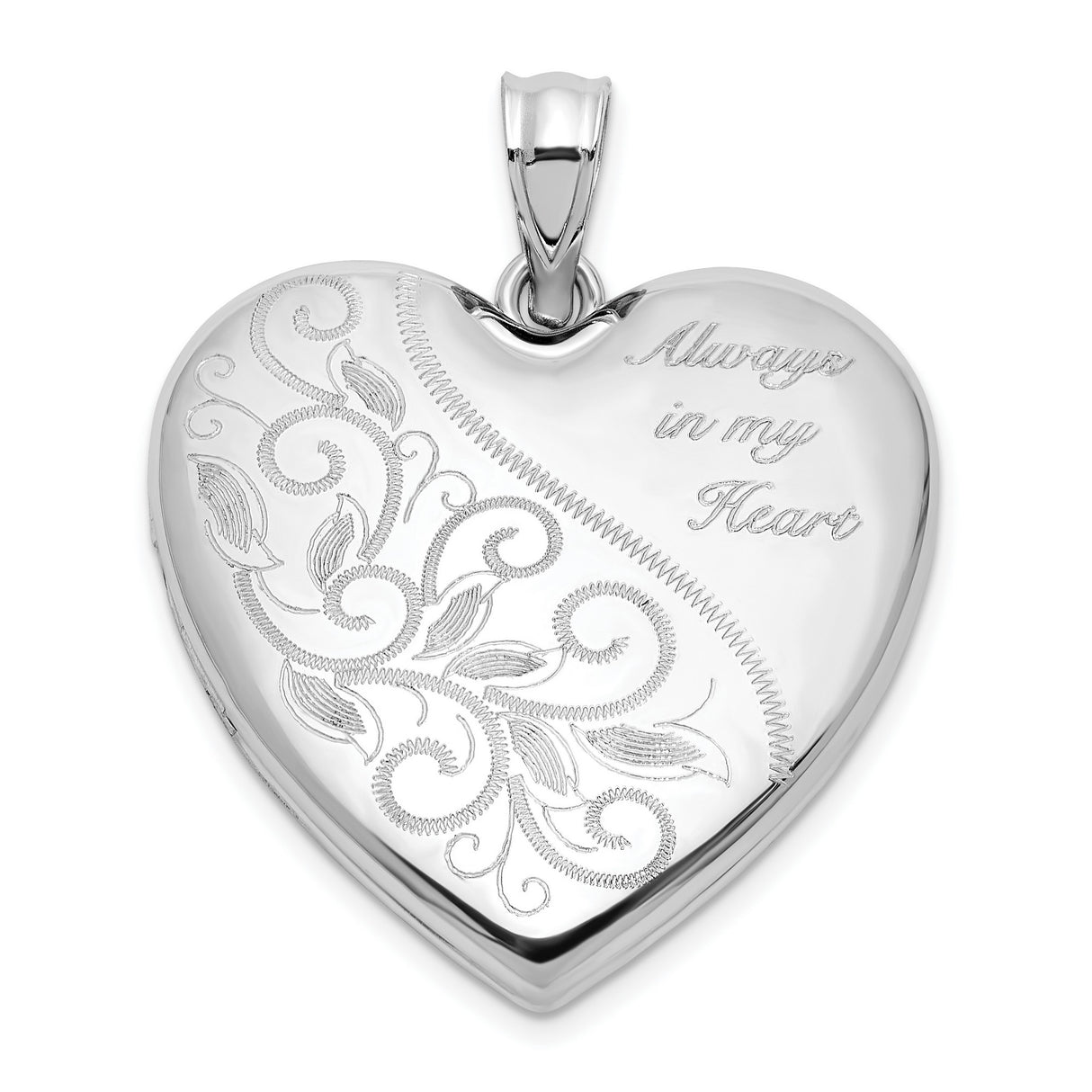 Sterling Silver Heart Locket Pendant with Floral Design and Always in My Heart Inscription