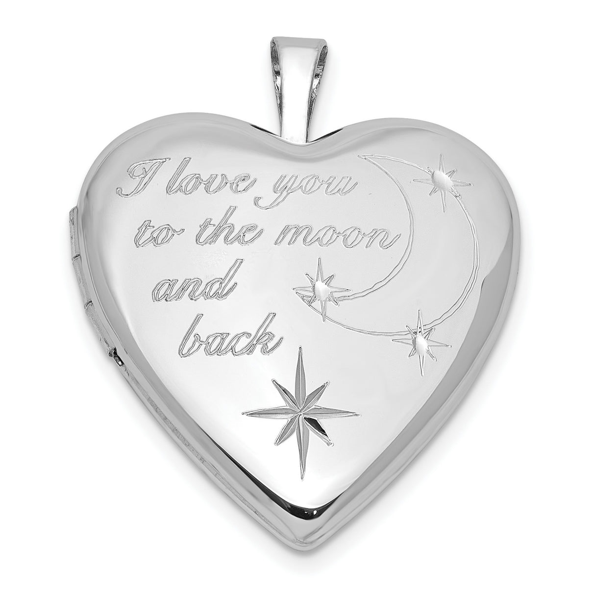 Sterling Silver Heart Locket Pendant with Crescent Moon and Star, I Love You to the Moon and Back Engraving