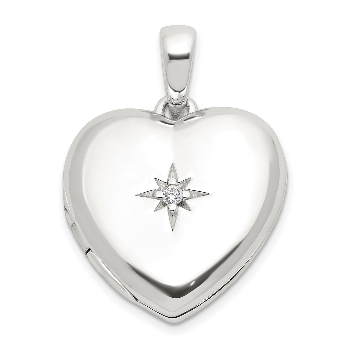 Sterling Silver Heart Locket Pendant with Starburst Engraving and Cubic Zirconia Accent