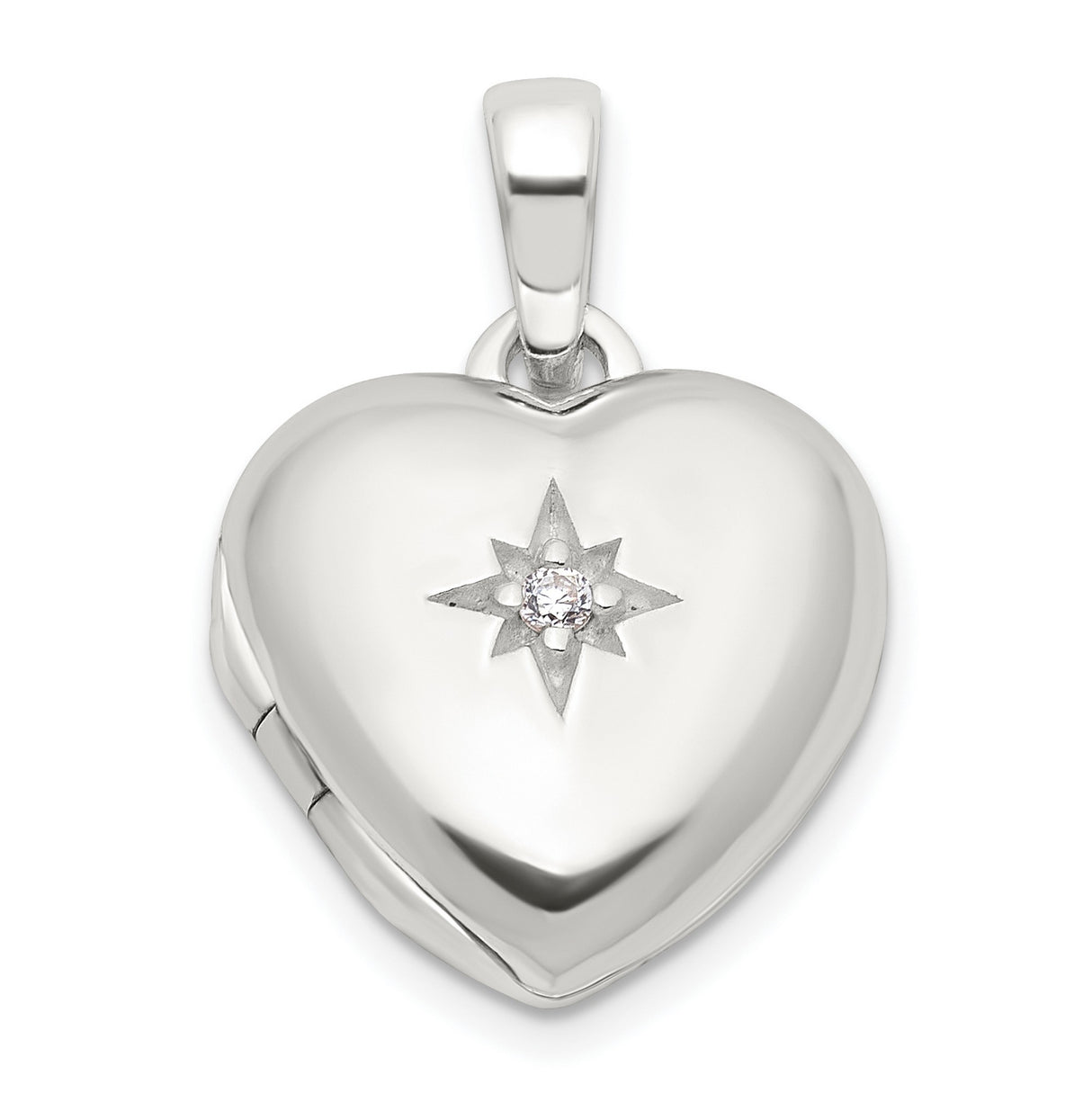 Sterling Silver Heart Locket with Cubic Zirconia, Starburst Engraving, Romantic Pendant for Women