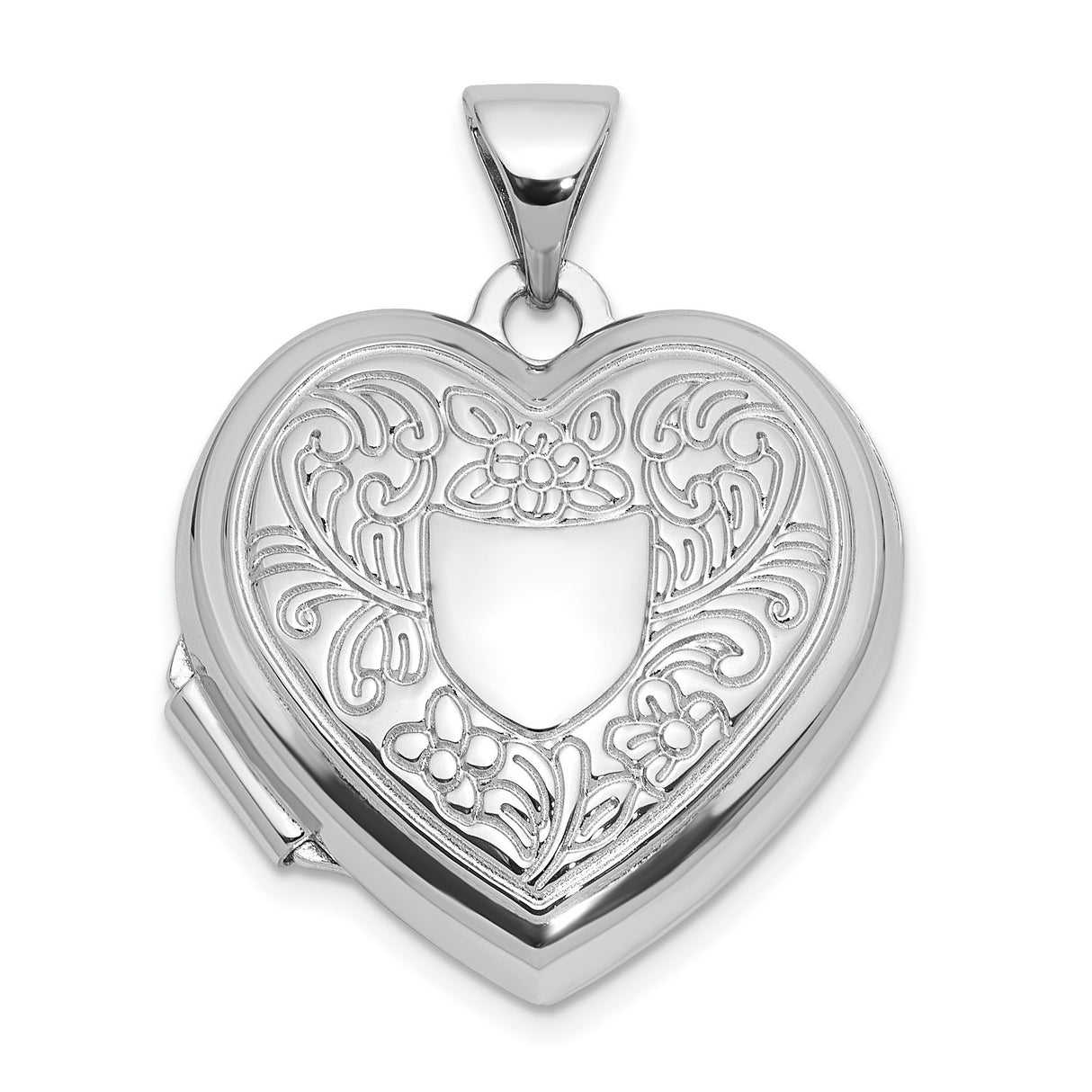Sterling Silver Heart Locket Pendant with Floral Engraving and Blank Shield