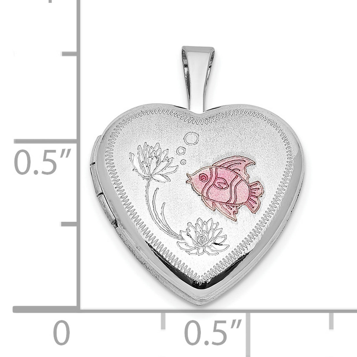 Sterling Silver Heart Locket Pendant with Pink Fish and Water Lily Design
