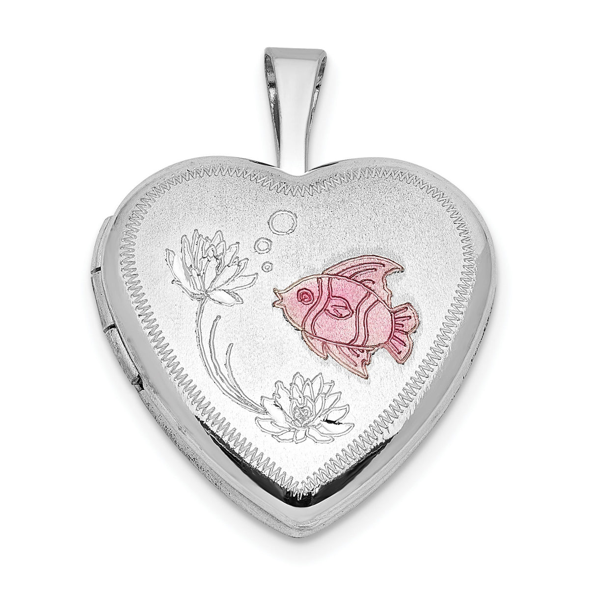 Sterling Silver Heart Locket Pendant with Pink Fish and Water Lily Design
