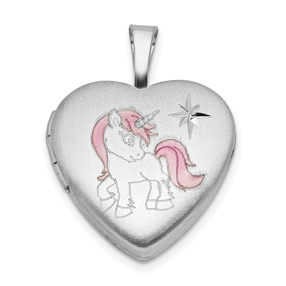 Sterling Silver Heart Locket Pendant with Pink Unicorn and Star Design for Girls