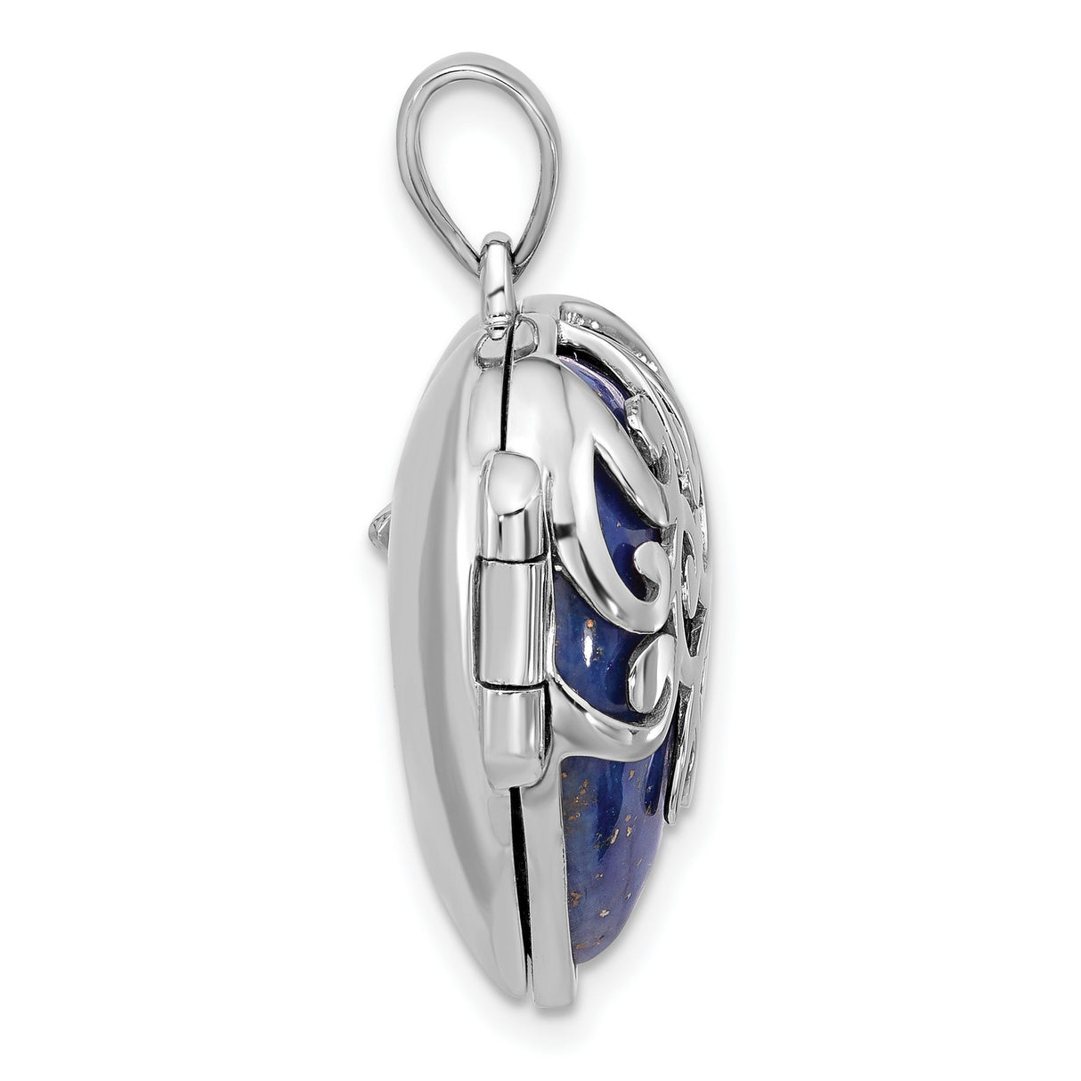 Sterling Silver Heart Locket Pendant with Lapis Lazuli and Filigree Overlay