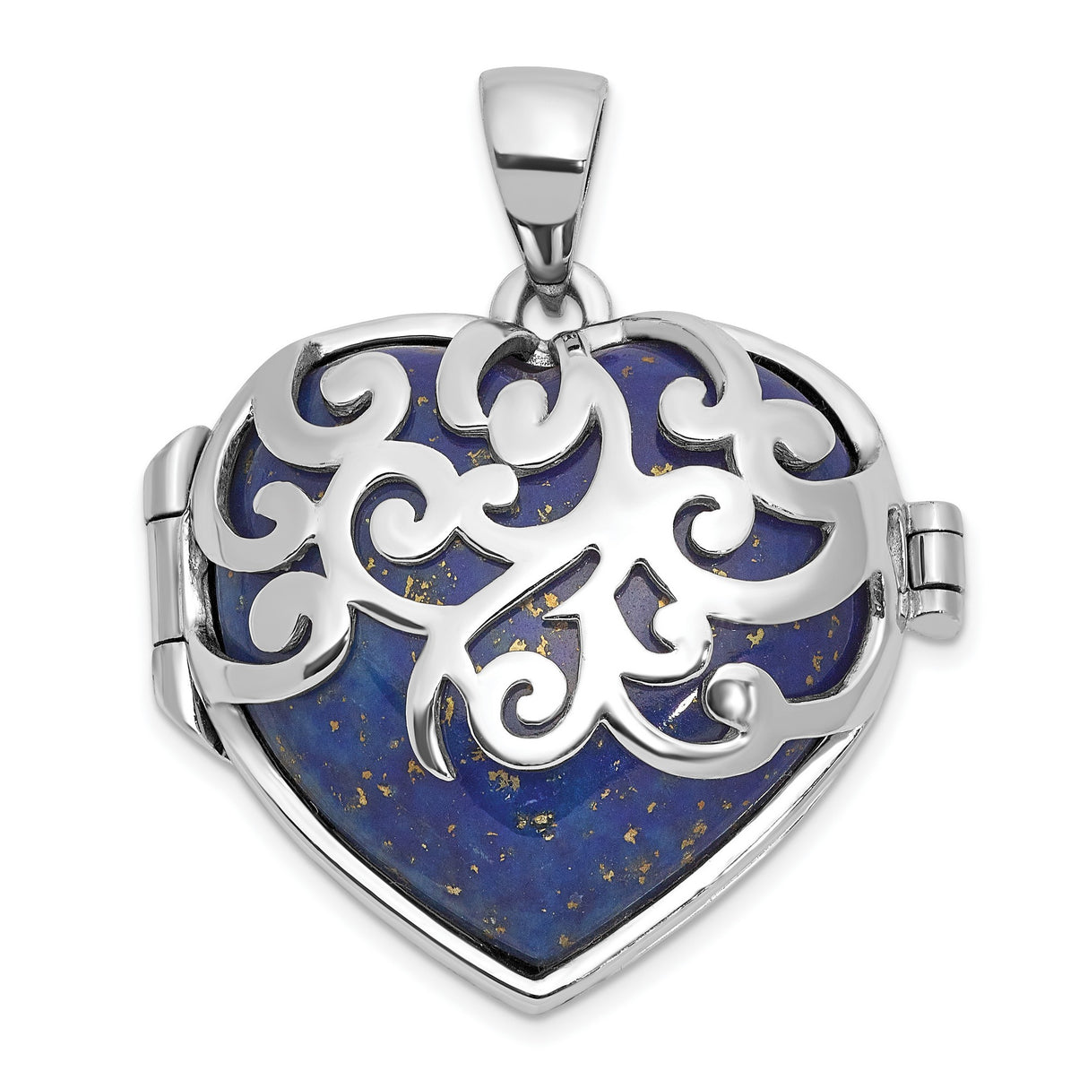 Sterling Silver Heart Locket Pendant with Lapis Lazuli and Filigree Overlay