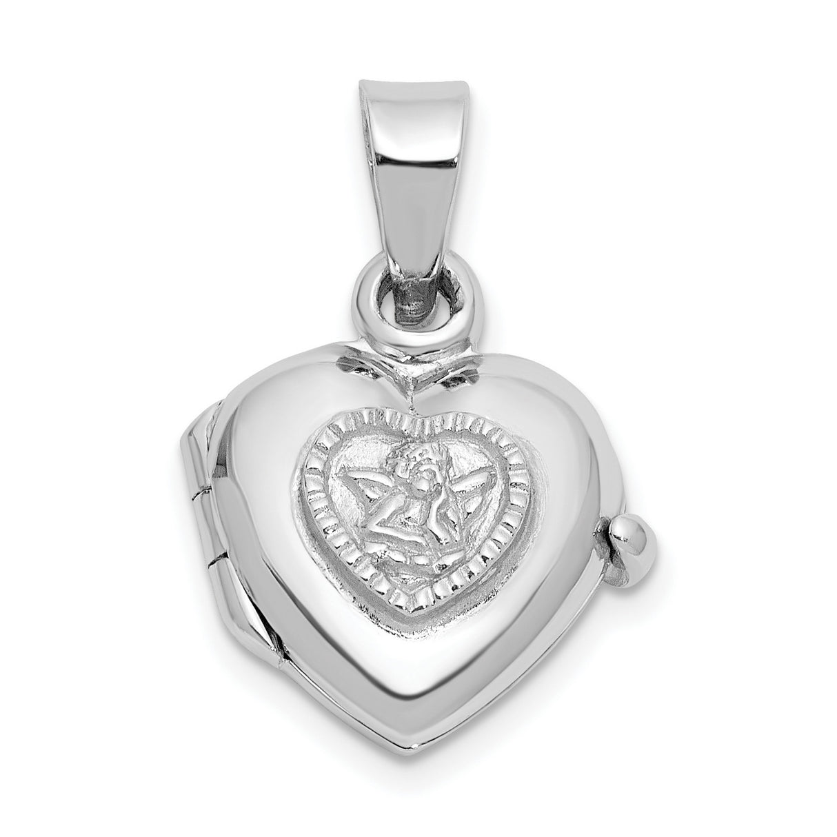 Sterling Silver Heart Locket Pendant with Raised Angel Cherub Design, Religious Keepsake Jewelry