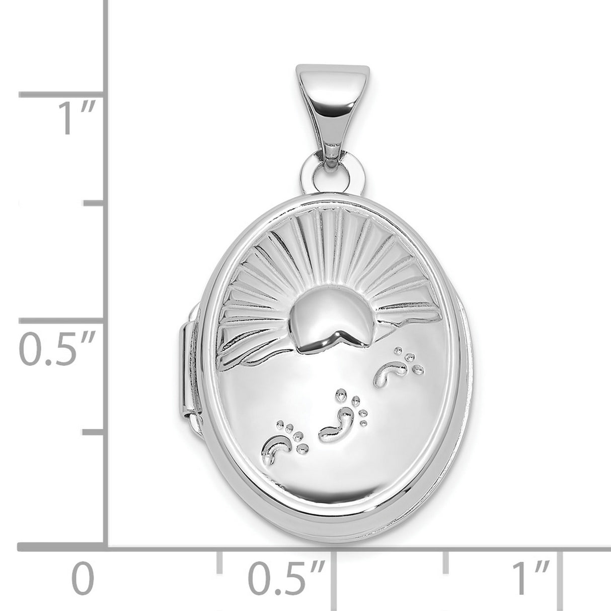 Sterling Silver Oval Locket Pendant with Rising Sun and Footprints Design