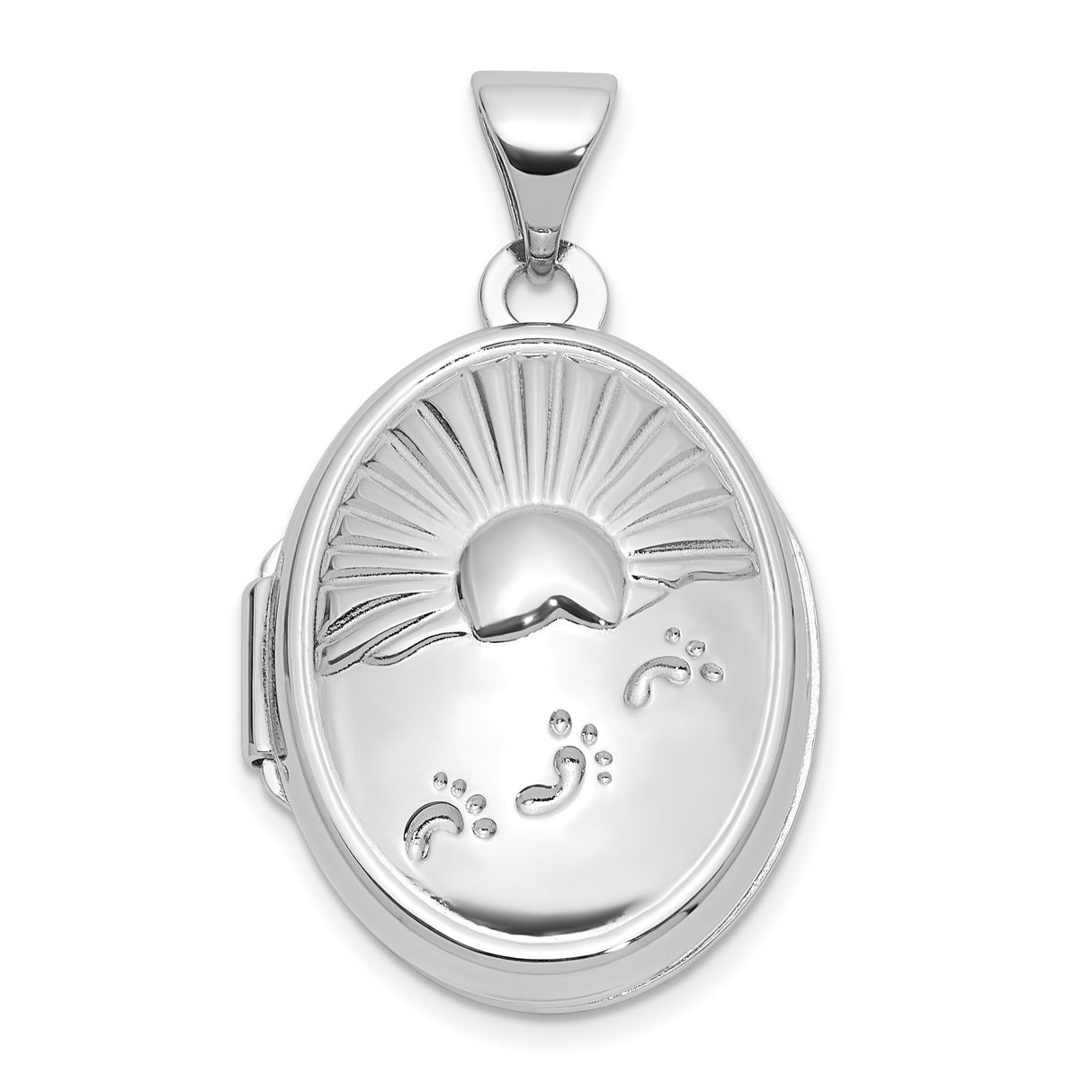 Sterling Silver Oval Locket Pendant with Rising Sun and Footprints Design