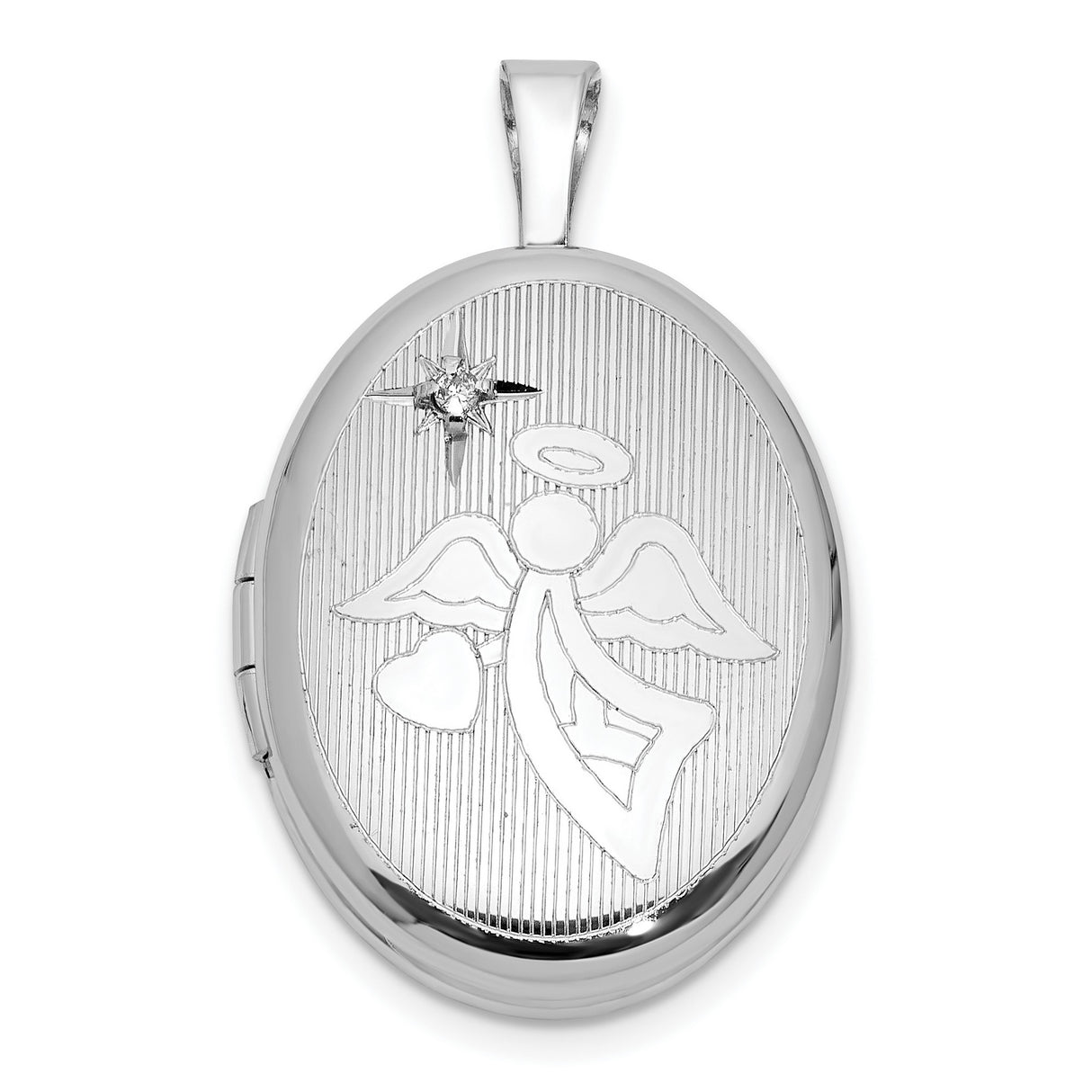 Sterling Silver Angel Locket Pendant with Diamond, Halo Wings and Heart Under Star