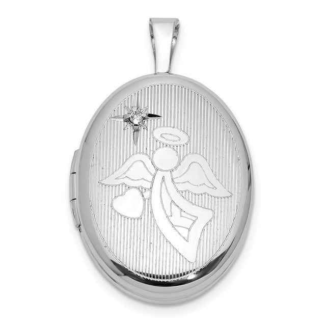 Sterling Silver Angel Locket Pendant with Diamond, Halo Wings and Heart Under Star
