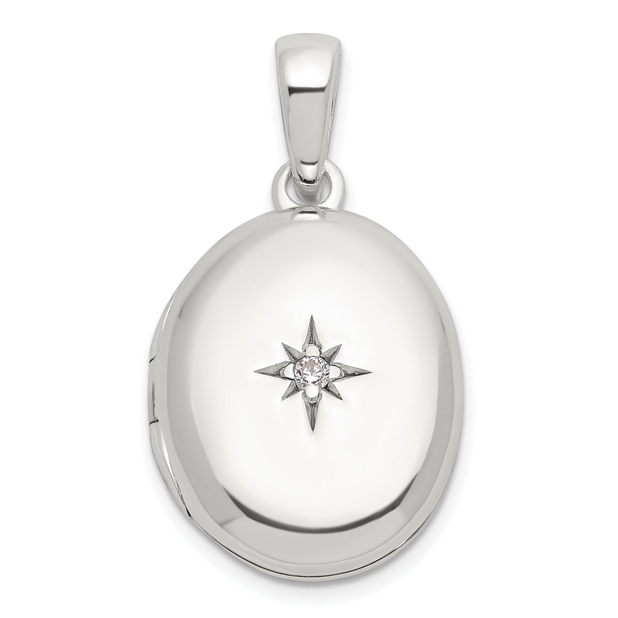 Sterling Silver Oval Locket Pendant with Cubic Zirconia North Star Design