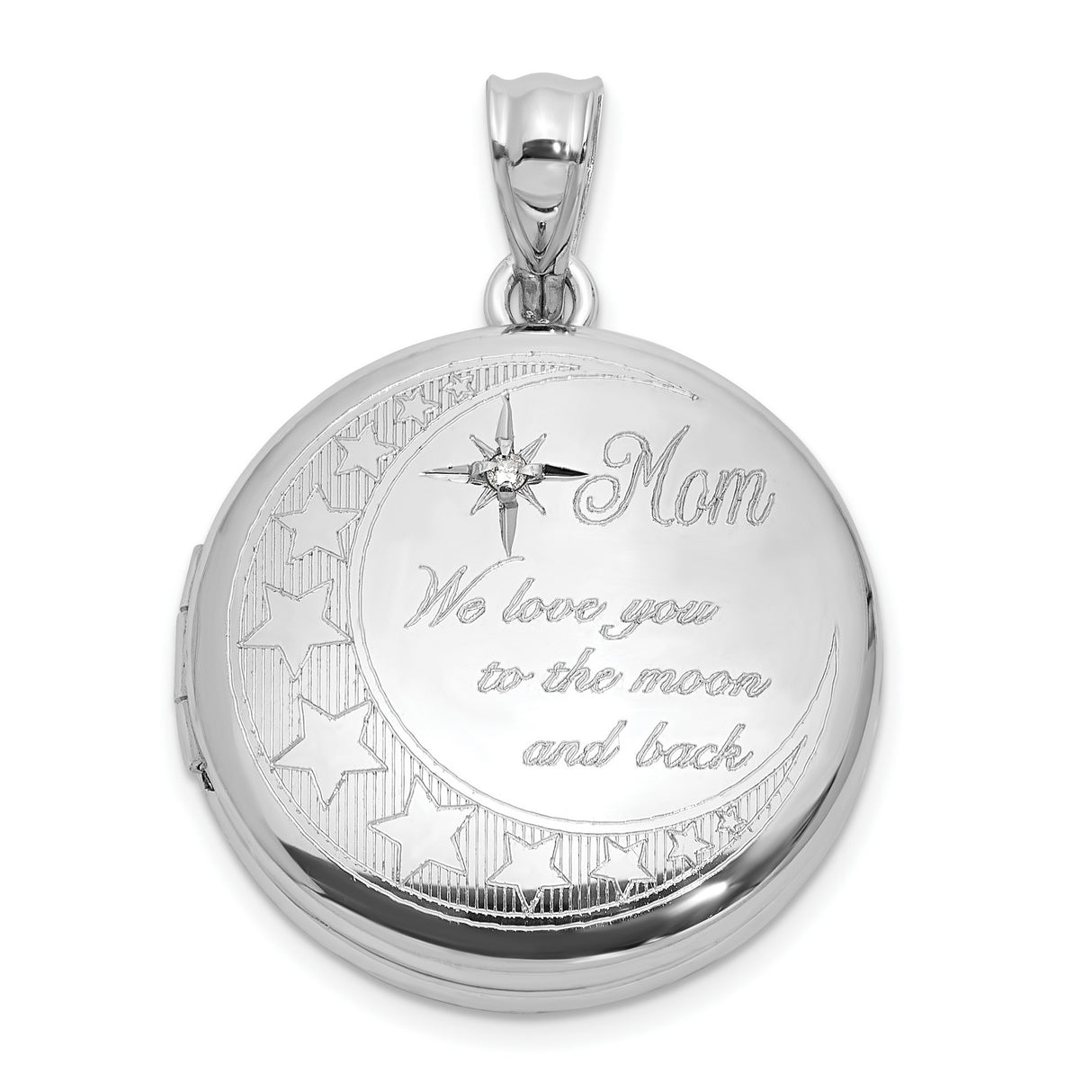 Sterling Silver Locket Pendant with Cubic Zirconia, Crescent Moon and Stars, Mom Keepsake Jewelry