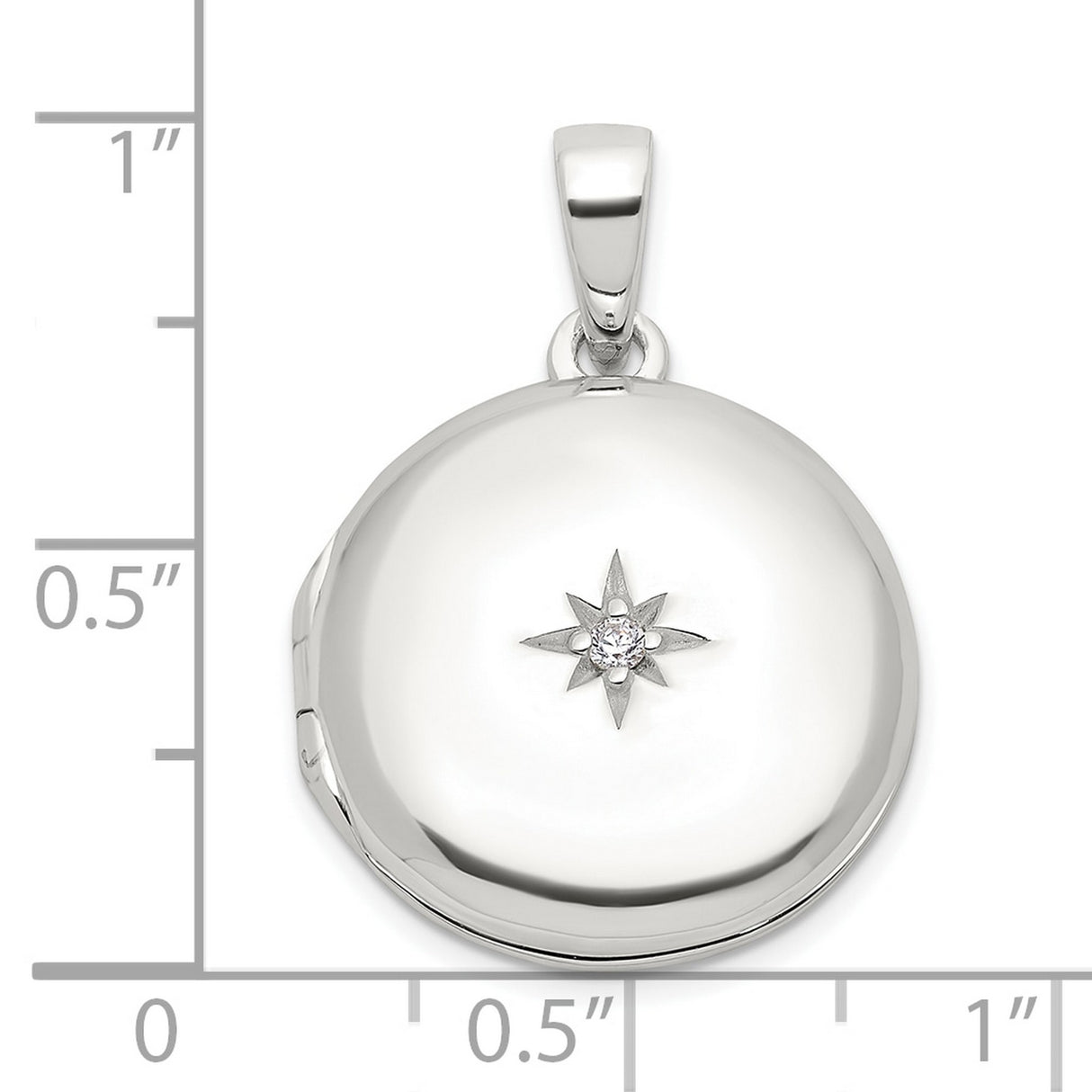 Sterling Silver Round Locket Pendant with Starburst Design and Clear Center Stone