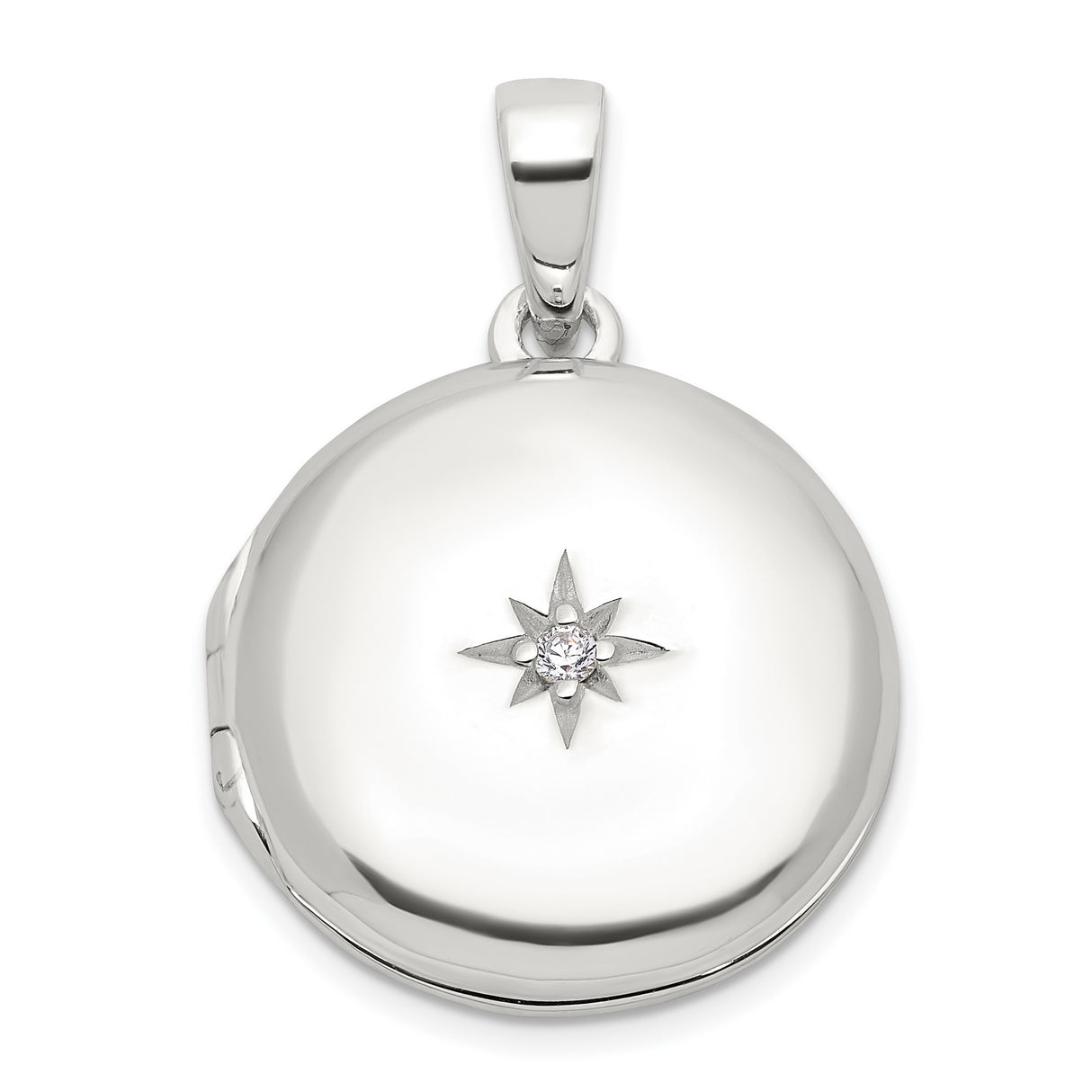 Sterling Silver Round Locket Pendant with Starburst Design and Clear Center Stone