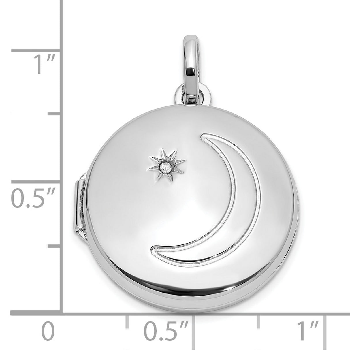 Sterling Silver Round Locket Pendant with Diamond, Crescent Moon and Star Celestial Design