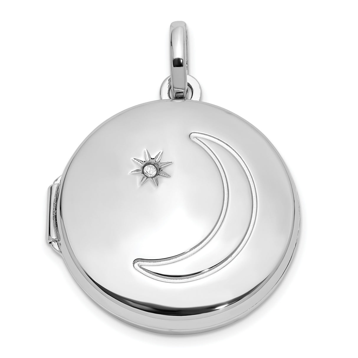 Sterling Silver Round Locket Pendant with Diamond, Crescent Moon and Star Celestial Design