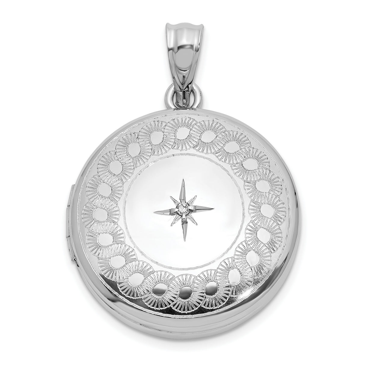 Sterling Silver Locket Pendant with Diamond, Compass Rose Design, Photo Keepsake