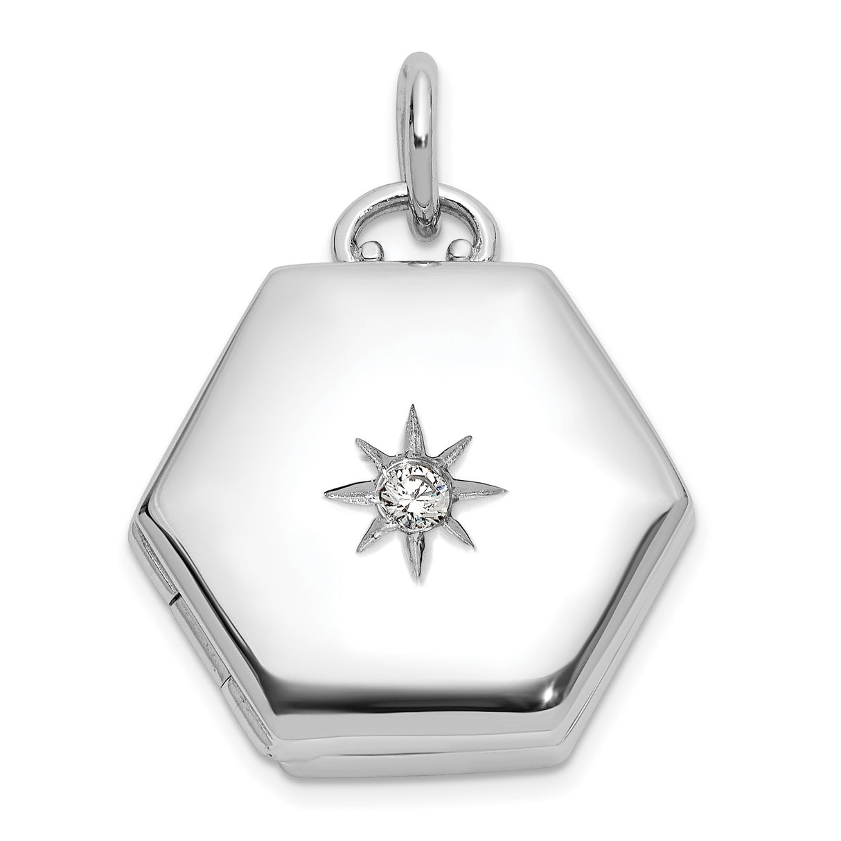 Sterling Silver Hexagon Locket Pendant with Cubic Zirconia, Starburst Celestial Design