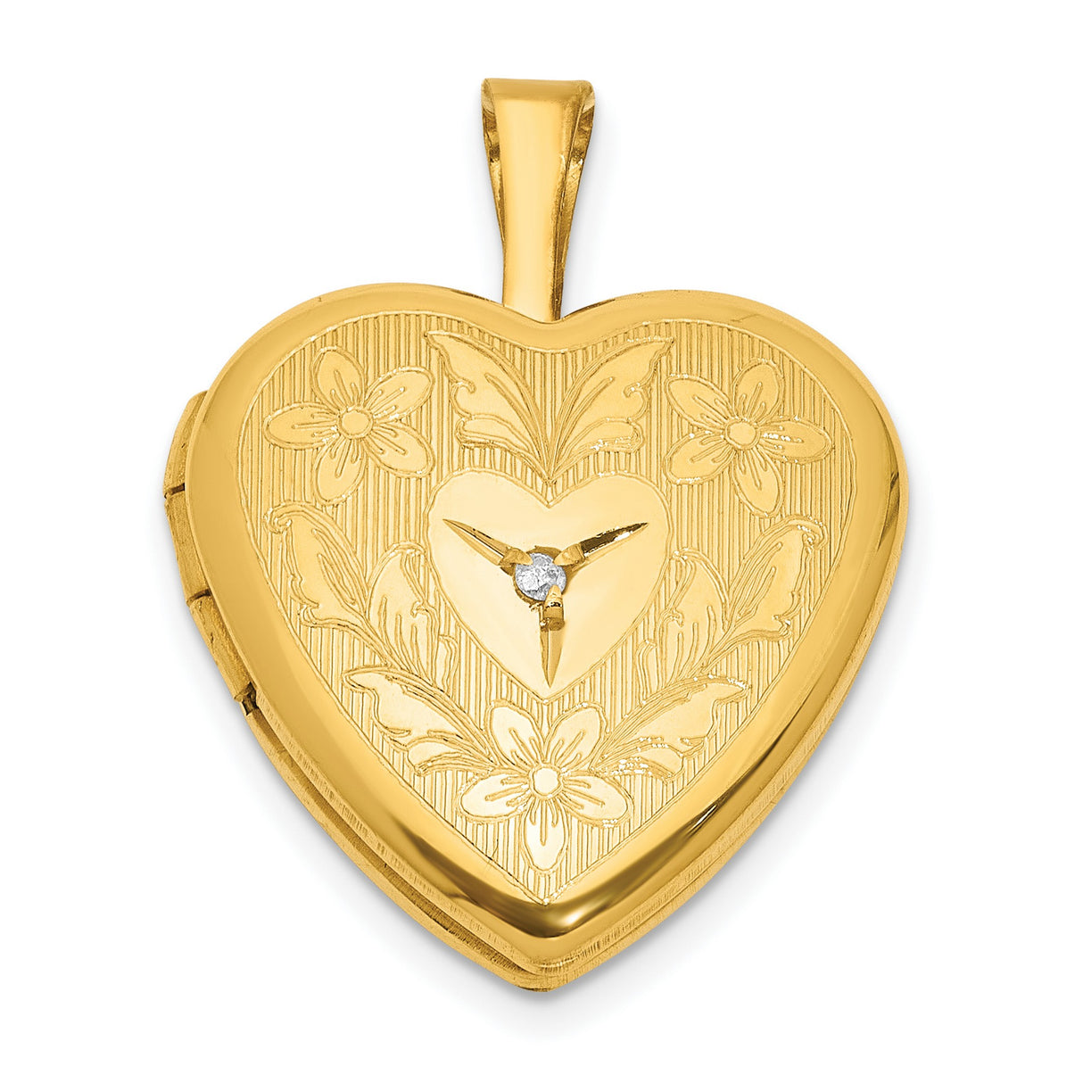 Gold Filled Polished Textured Diamond 16mm Floral Heart Locket Charm Pendant in Real Yellow Gold