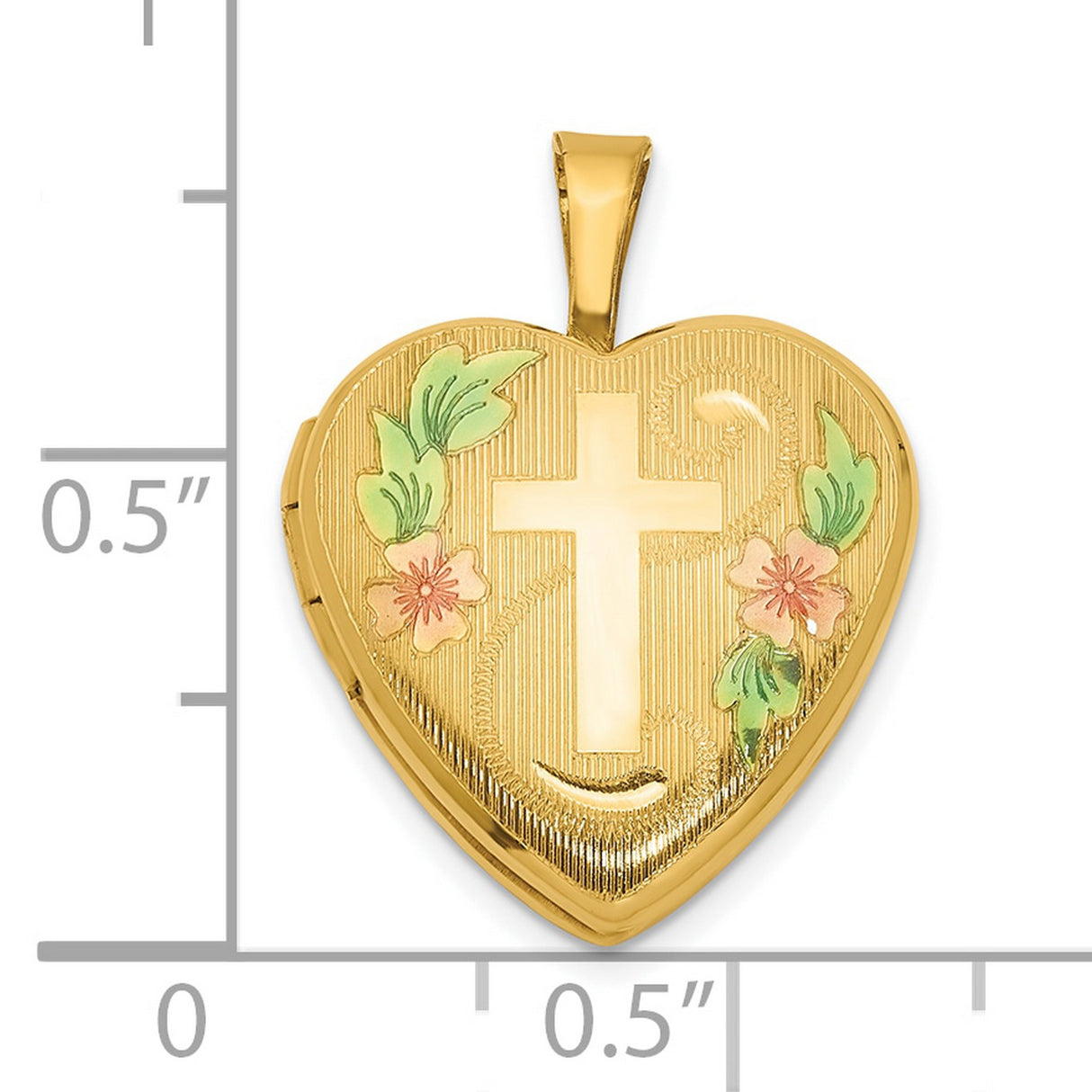 Gold Filled Polished Epoxy 16mm Floral Cross Heart Locket Charm Pendant in Real Yellow Gold