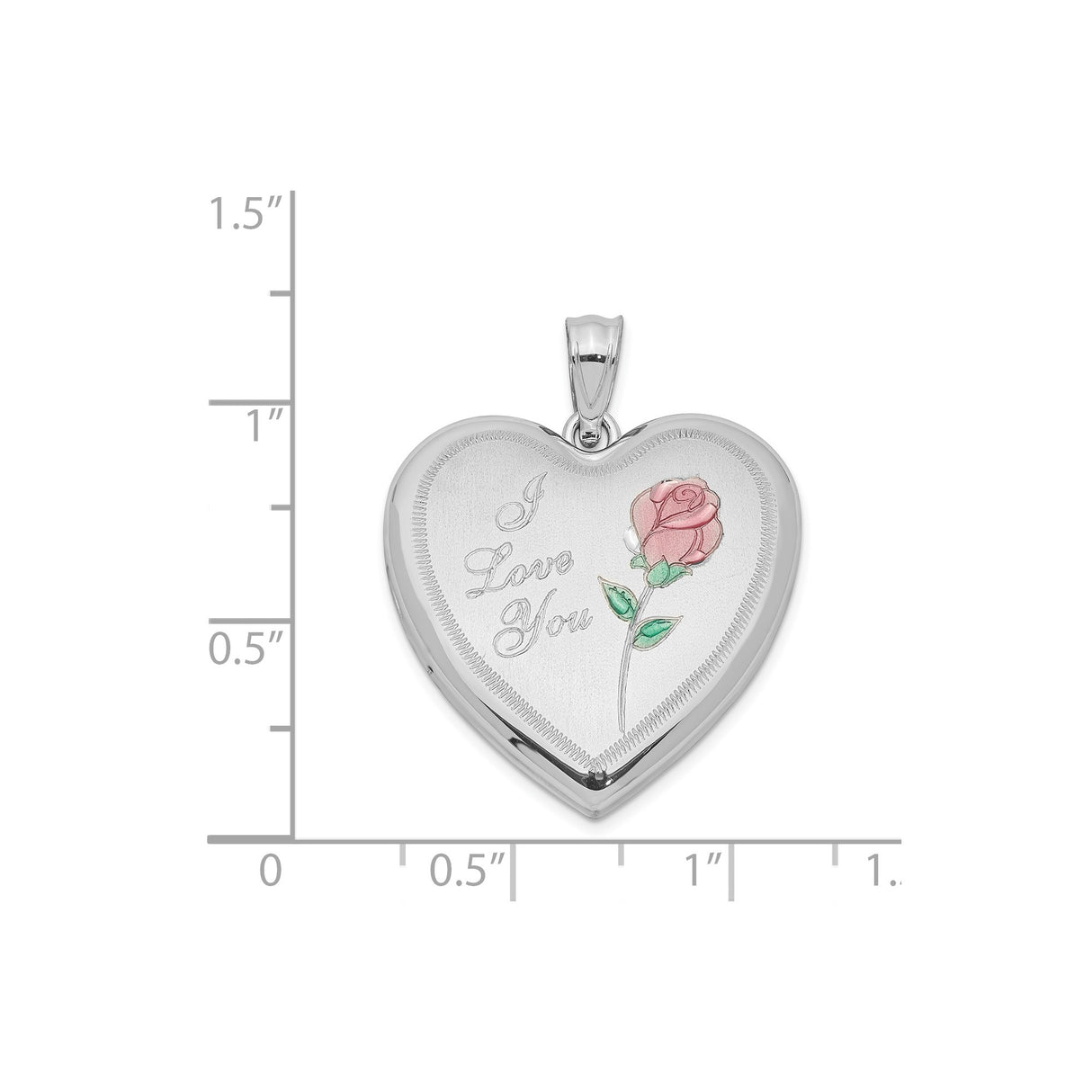 Sterling Silver Heart Locket Pendant with Pink Rose and I Love You Engraving