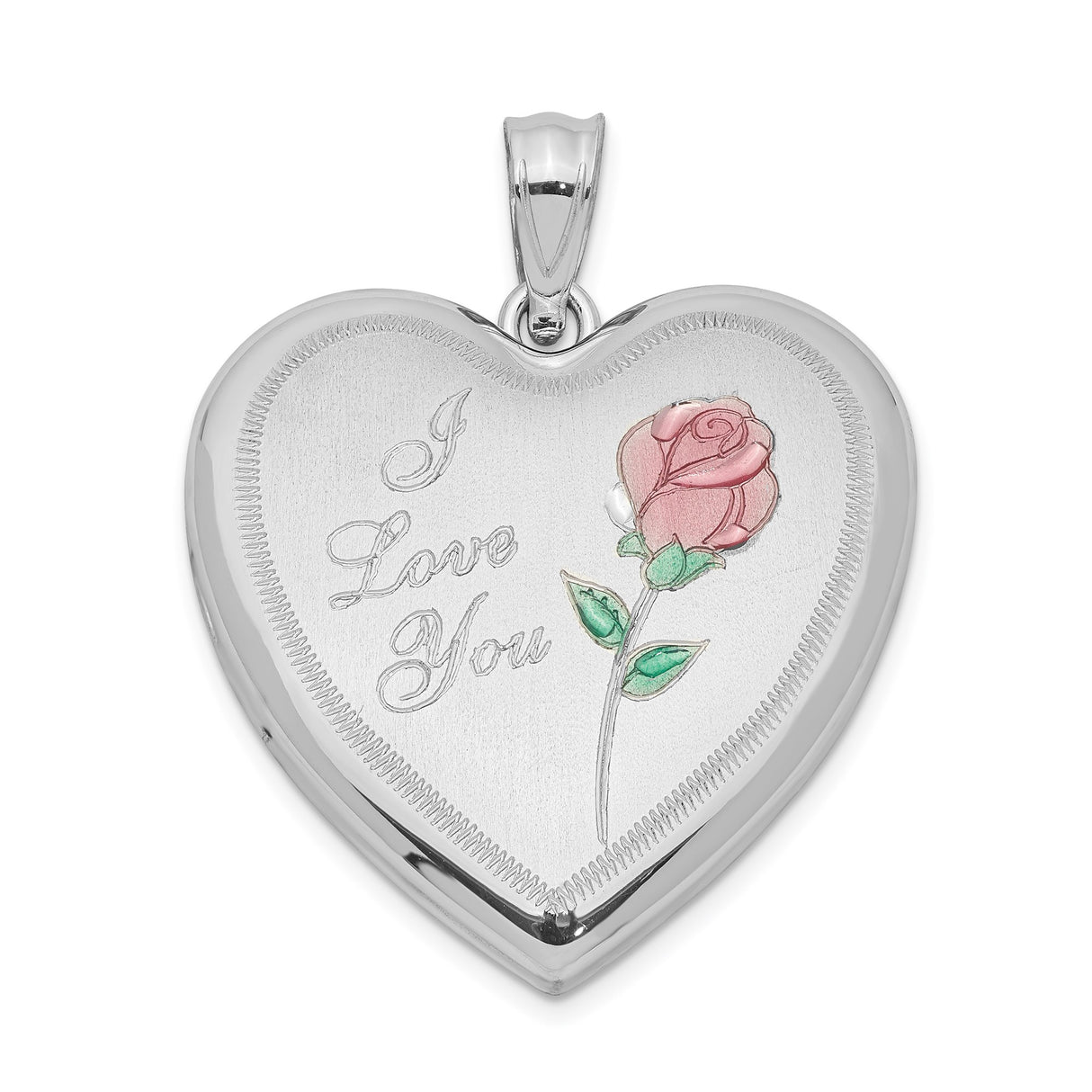Sterling Silver Heart Locket Pendant with Pink Rose and I Love You Engraving