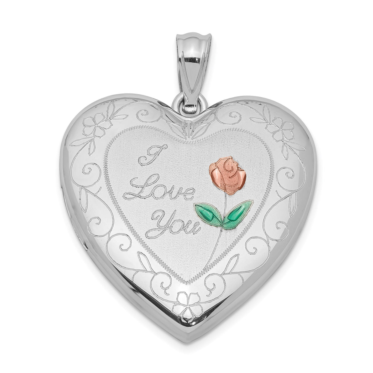 Sterling Silver Heart Locket Pendant with Rose Design and I Love You Engraving