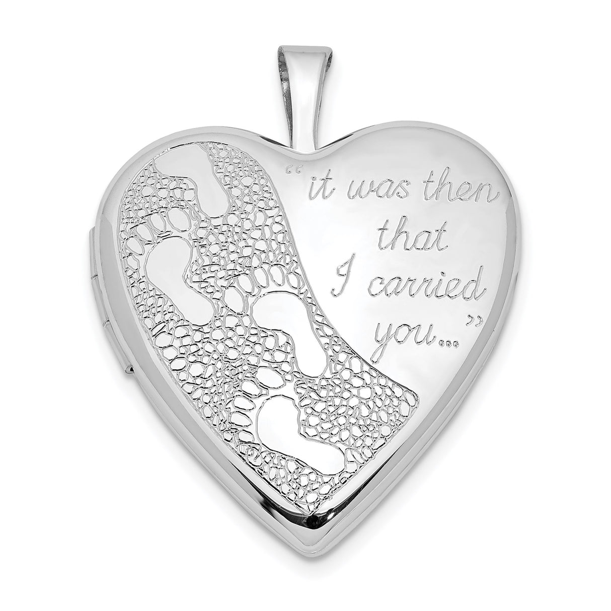 Sterling Silver Heart Locket Pendant with Footprints and Carried You Quote