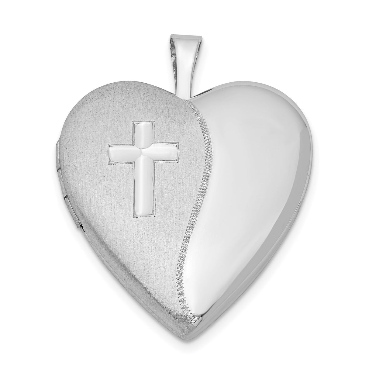Sterling Silver Cross Pendant with Heart Cutout, Brushed Texture and Mirror Finish