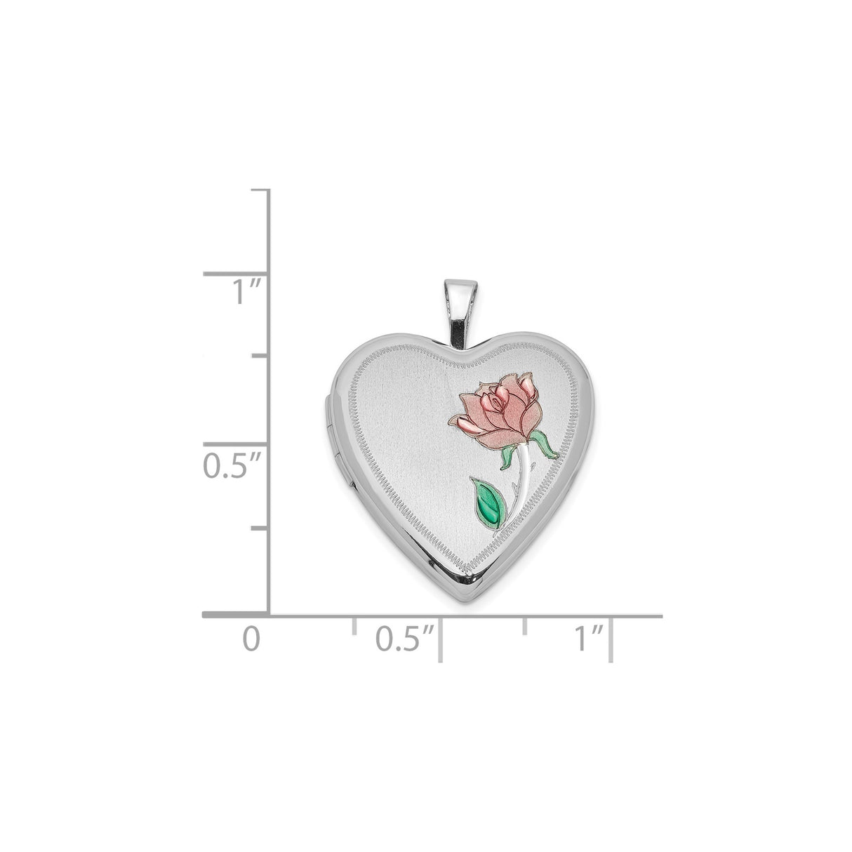 Sterling Silver Heart Locket Pendant with Pink Rose and Green Leaves, Vintage Floral Design