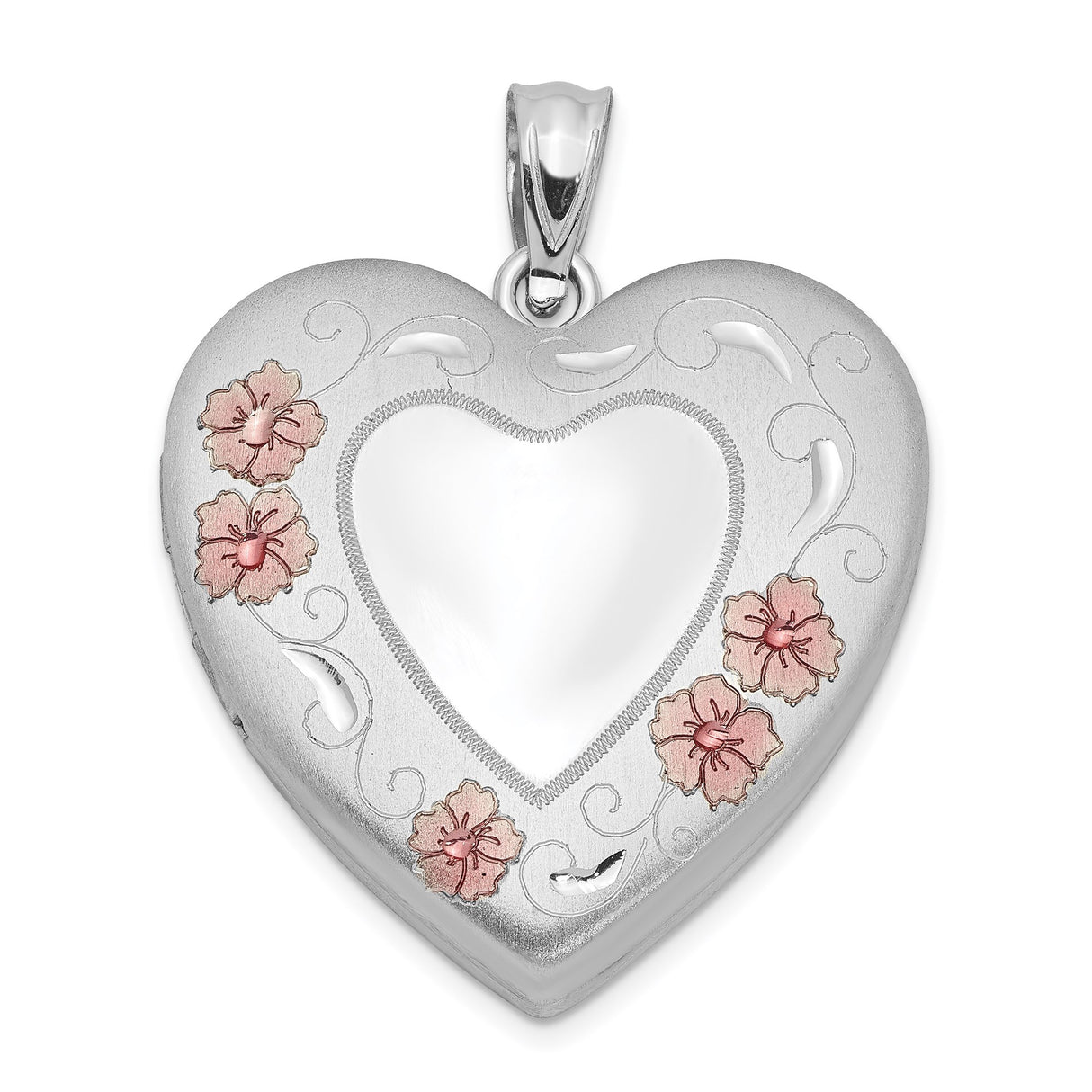 Sterling Silver Heart Locket Pendant with Rose and Pink Floral Scroll Accents