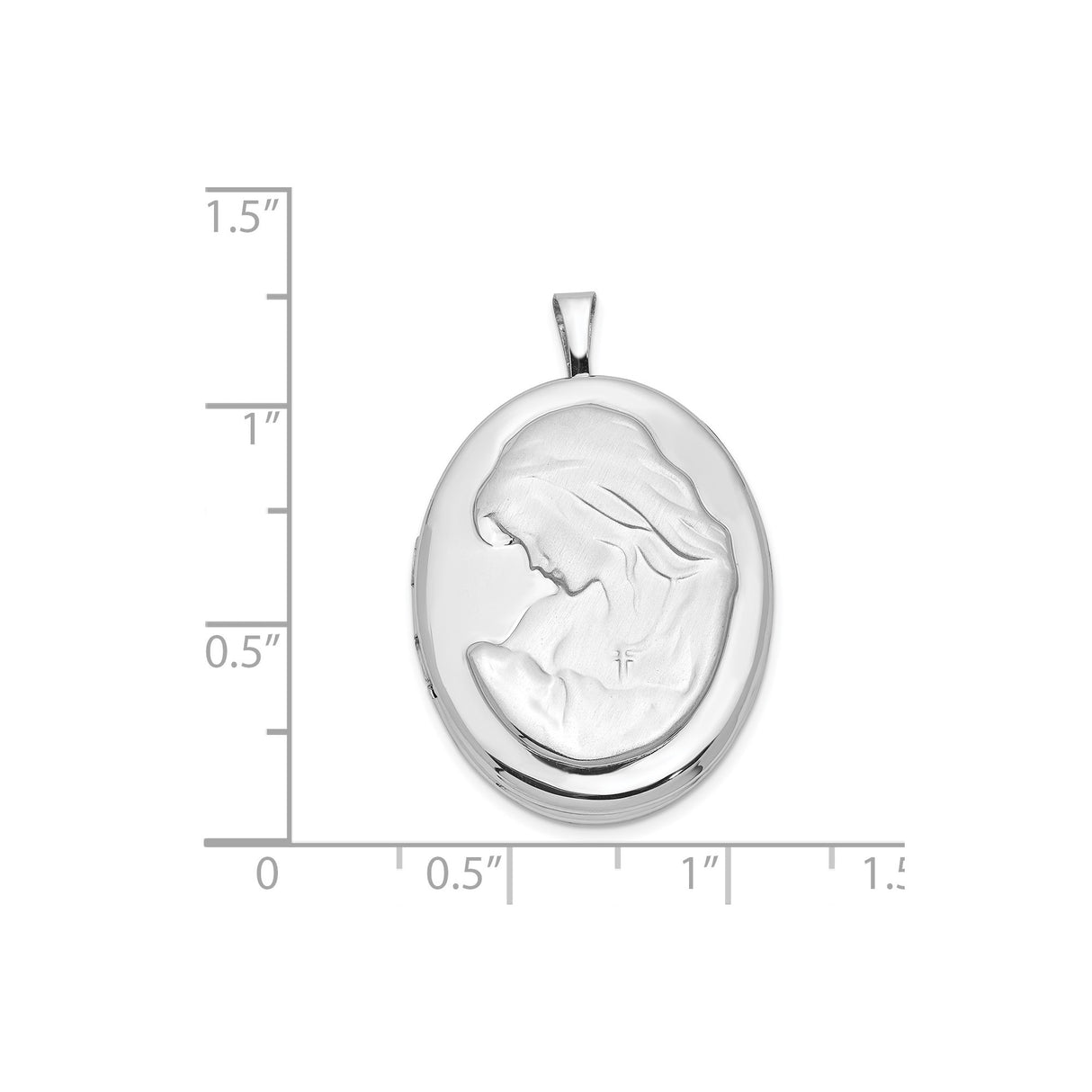 Sterling Silver Oval Locket Pendant with Virgin Mary Profile and Cross Engraving