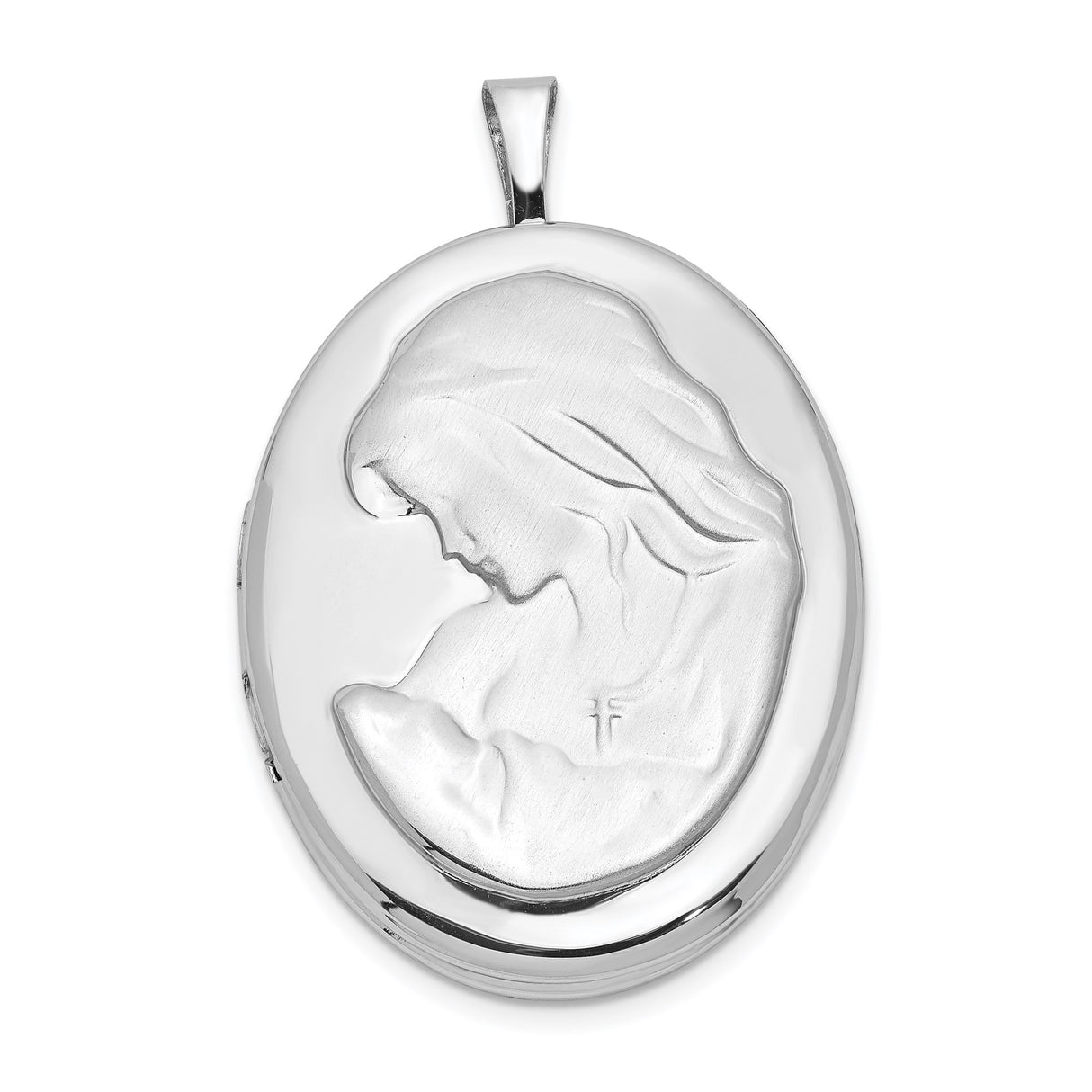 Sterling Silver Oval Locket Pendant with Virgin Mary Profile and Cross Engraving