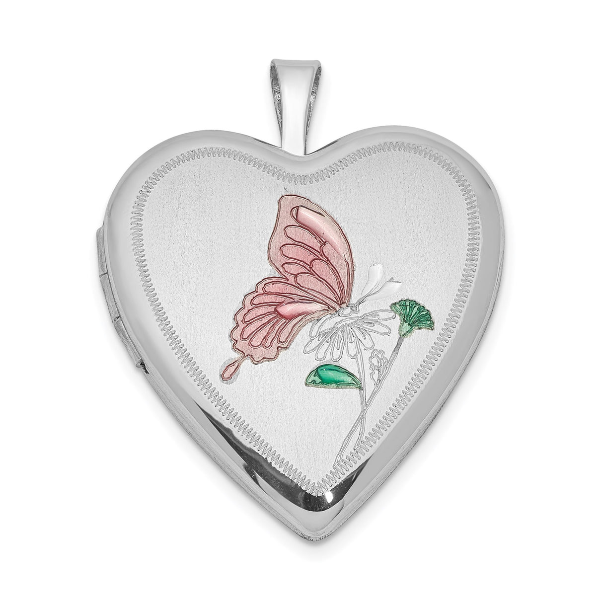 Sterling Silver Heart Locket Pendant with Pink Butterfly and Flower Design for Women