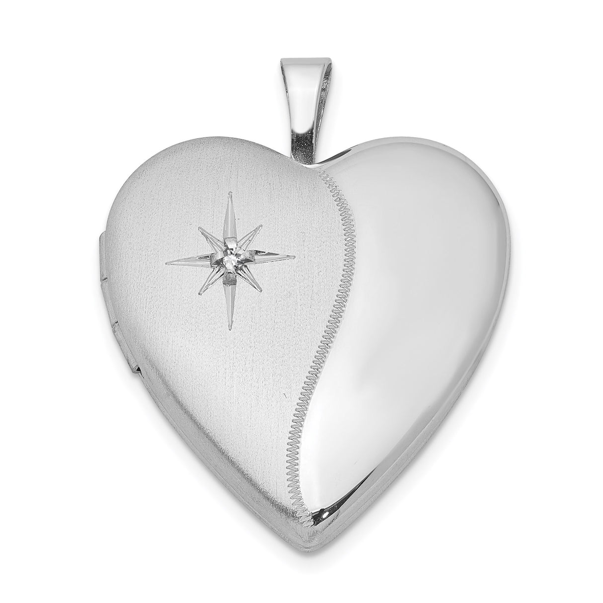 Sterling Silver Heart Locket Pendant with Diamond Accent, Starburst Design, Brushed and Polished Finish