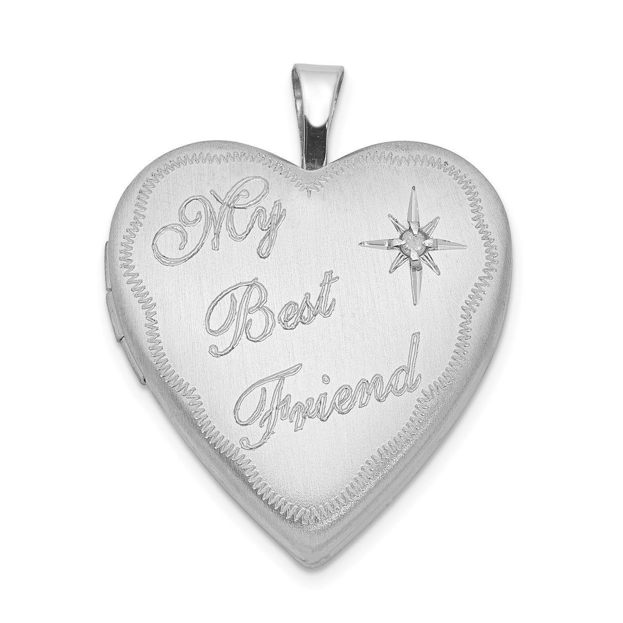 Sterling Silver Heart Locket Pendant with Diamond, My Friend Engraving and Starburst Design